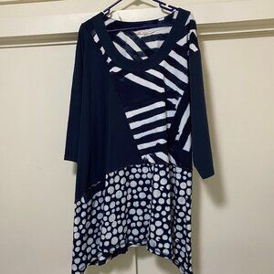 Quirky & super cute, navy & white, asymmetrical, multi-design dress, size 4X